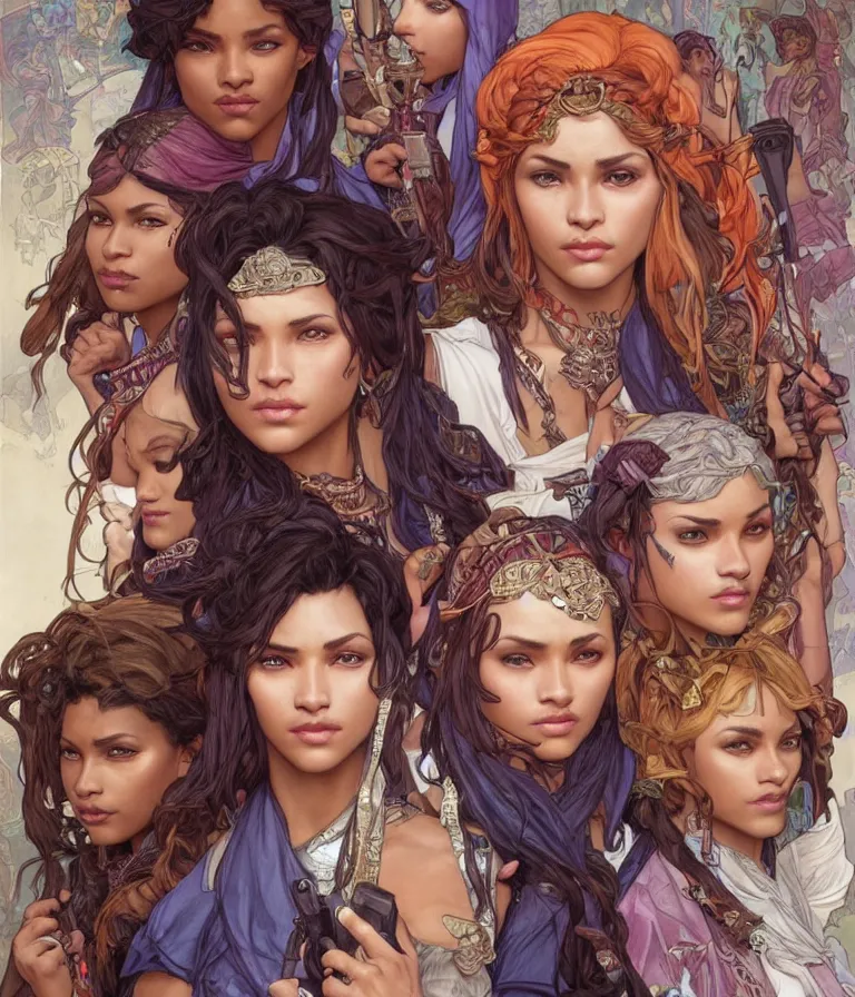 Prompt: a group of female thieves with unique clothes, brown skin, and different hair colours, beautiful, symmetrical facial features, detailed faces, intricate detail, smooth, sharp focus, colourful, arnold rendering, art by artgerm and greg rutkowski and alphonse mucha,