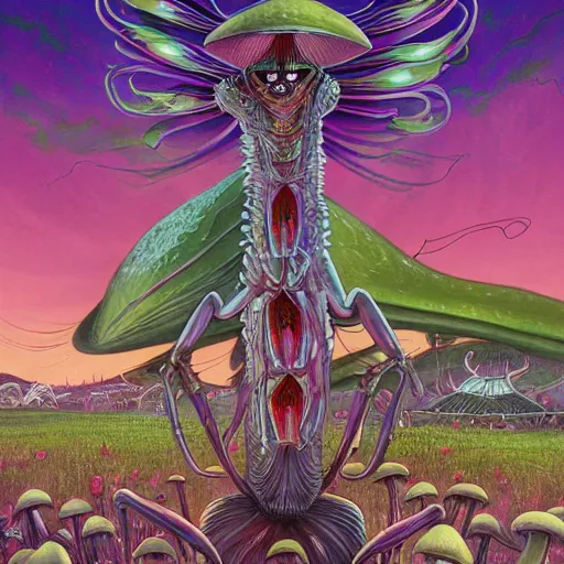 Image similar to 4 k headshot portrait of a psychedelic demonic anthropomorphic praying mantis with mushroom themed clothes, magic mushroom village in background by jeff easley, award winning, stylized neon, post - processing, masterpiece, superb resolution. in the art style of junji ito and greg rutkowski. detailed mushroom city in background. hyper realistic anime. perfect art. dalle 2