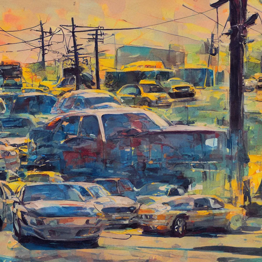 Image similar to a painting of a frightened car being menaced by telephone poles, saturated color scheme