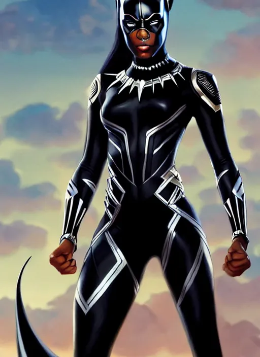 Image similar to full body portrait of marvel cinematic universe aaliyah haughton, black panther, elegant, wakanda, super hero, black outfit, highly detailed!! digital painting, artstation, glamor pose, concept art, sharp focus, illustration, art by artgerm and greg rutkowski, artey freytag