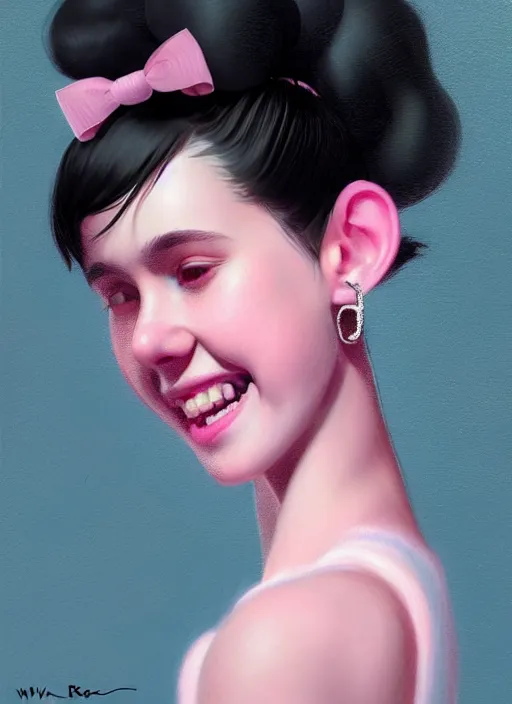 Image similar to portrait of teenage girl, realistic, black hair, bangs, half updo hairstyle, pointy nose, skinny, smile, ugly, defined jawline, big chin, pink hair bow, earrings, intricate, elegant, glowing lights, highly detailed, digital painting, artstation, sharp focus, illustration, art by wlop, mars ravelo and greg rutkowski