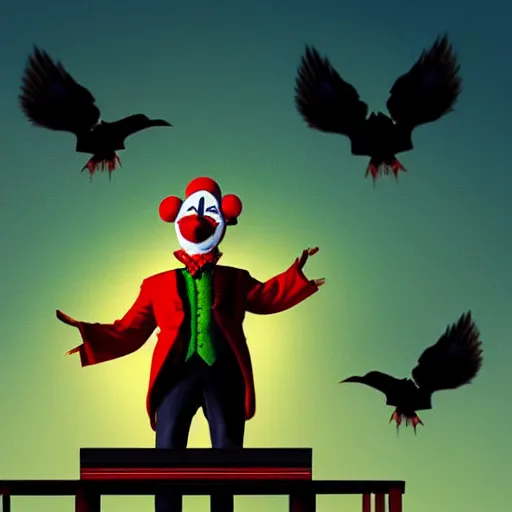 Image similar to A clown on the roof of the church playing with crows, futurist, digital art, dramatic lighting, symbolic