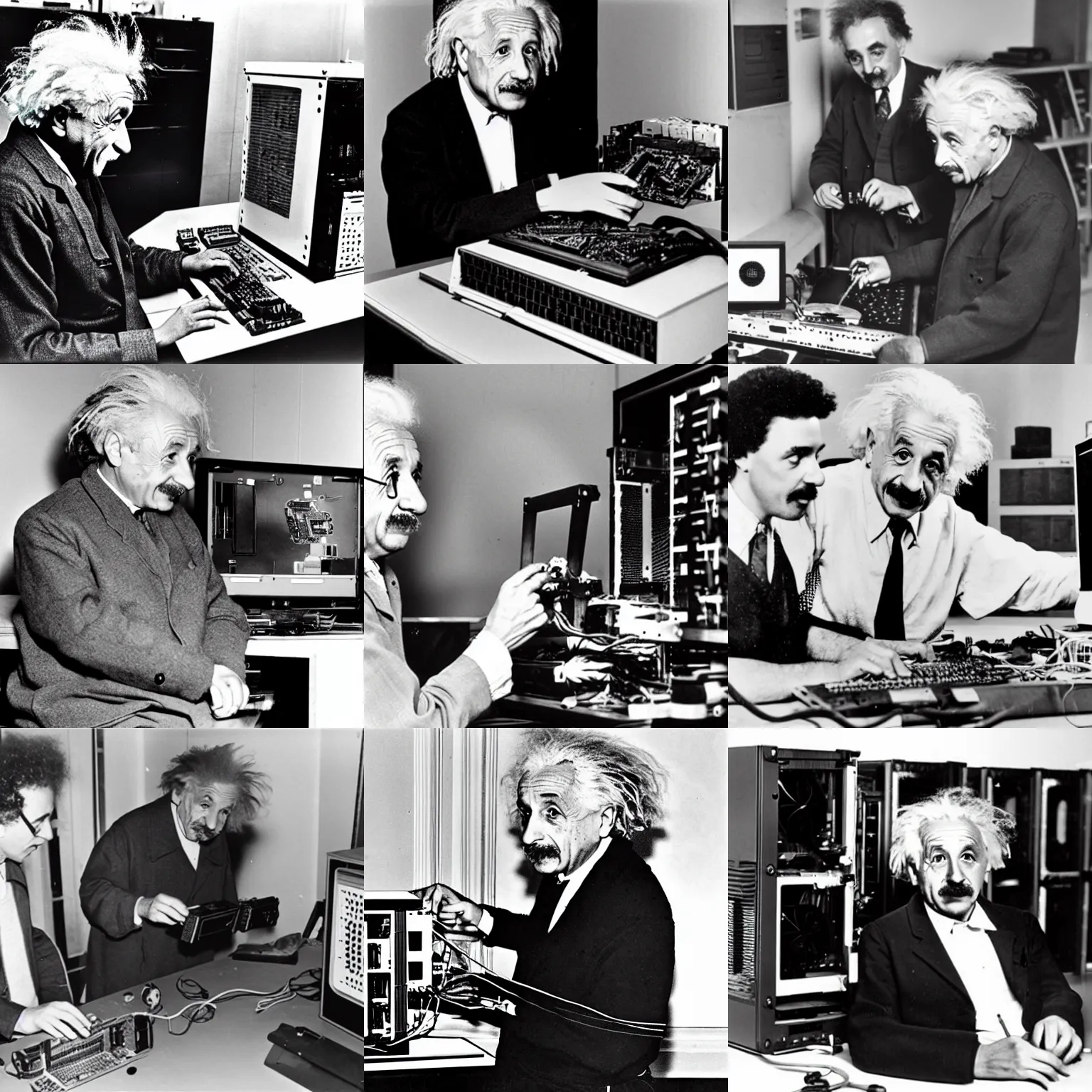 Image similar to albert einstein building a PC