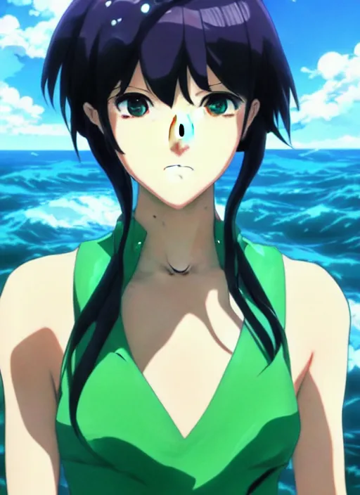 Image similar to makoto shinkai, artgerm, ilya kuvshinov, beautiful anime women with green dress, long blue hair, water powers water swirling, symmetrical face, symmetrical eyes, detailed, beach setting, cinematic lighting