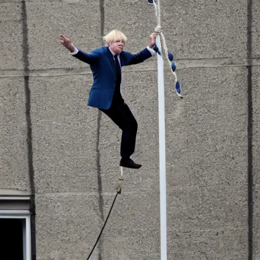 Image similar to Boris Johnson dangling from a rope from the sky