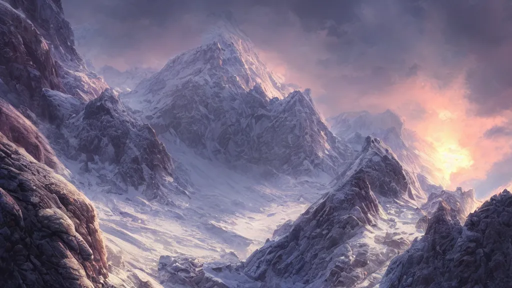 Prompt: a beautiful hyper realistic detailed matte painting of a coldly mountain covered with snow traversed by a crack of incandescent magma, dramatic lighting, dynamic lighting, cinematic lighting, lit by morning light, by makoto makoto, krenz cushart and artgerm, anime, featured on artstation, ultrawide angle