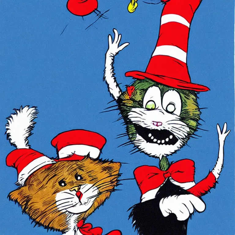 Image similar to cat in the hat terrifying nightmare, illustration by dr. seuss