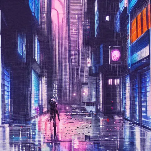 Prompt: futuristic Sci-fi cyberpunk city at night in the rain. Watercolour