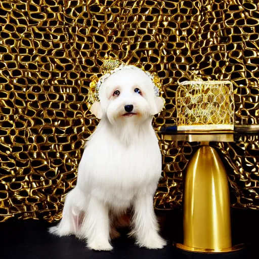 Image similar to a cream - colored havanese dog wearing a slinky metallic dress with ornate midcentury geometric gold headpiece, resting against a small marble pedestal with flowers loosely arranged, sultry look, gold curtain background, magazine photo by david lachapelle