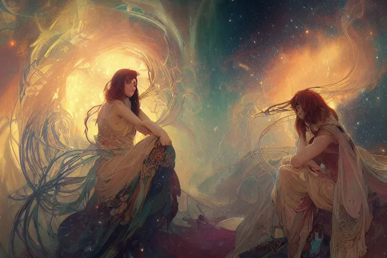 Image similar to ghostly figures in a nebula of sound, arcs of fiery neon light, swirling mystical particles and musical notes floating, beautiful, intricate, highly detailed concept art by artgerm and greg rutkowski and alphonse mucha