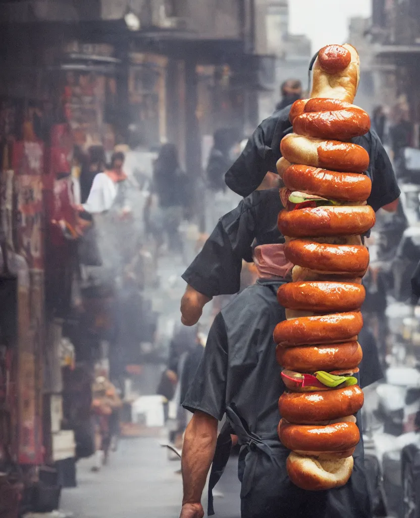 Image similar to closeup portrait of a man carrying a giant hotdog on his shoulder in a smoky new york back street, by Annie Leibovitz and Steve McCurry, natural light, detailed face, CANON Eos C300, ƒ1.8, 35mm, 8K, medium-format print