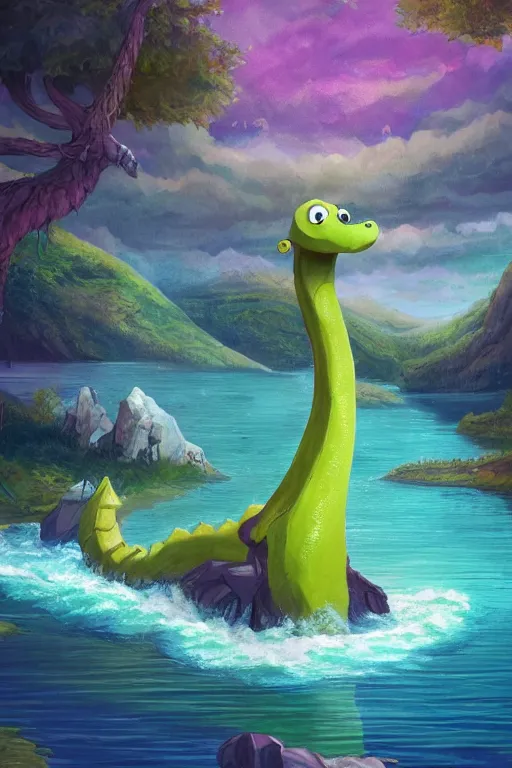 Image similar to cute cartoon childrens book illustrations of the loch ness monster, vivid colors, high details, cinematic, 8k resolution, beautiful detailed, photorealistic, digital painting, artstation, concept art, smooth, sharp focus, illustration, fantasy background, artstation trending, octane render, unreal engine