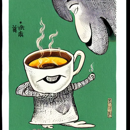 Image similar to highly detailed illustration of a monster smiling like crazy and dancing holding a beautiful steaming cup of coffee, style of Japanese illustration, Maurice Sendak, Tove Jansson