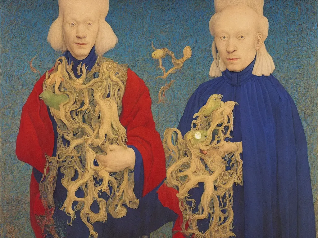 Image similar to Portrait of albino mystic with blue eyes, with exotic beautiful metamorphosing, glowing cuttlefish. Painting by Jan van Eyck, Audubon, Rene Magritte, Agnes Pelton, Max Ernst, Walton Ford