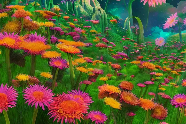 Image similar to beautiful field of giant gerber daisy flowers digital illustration by dr. seuss : 1 | colorful surreal psychedelic megaflora forest by beeple : 1