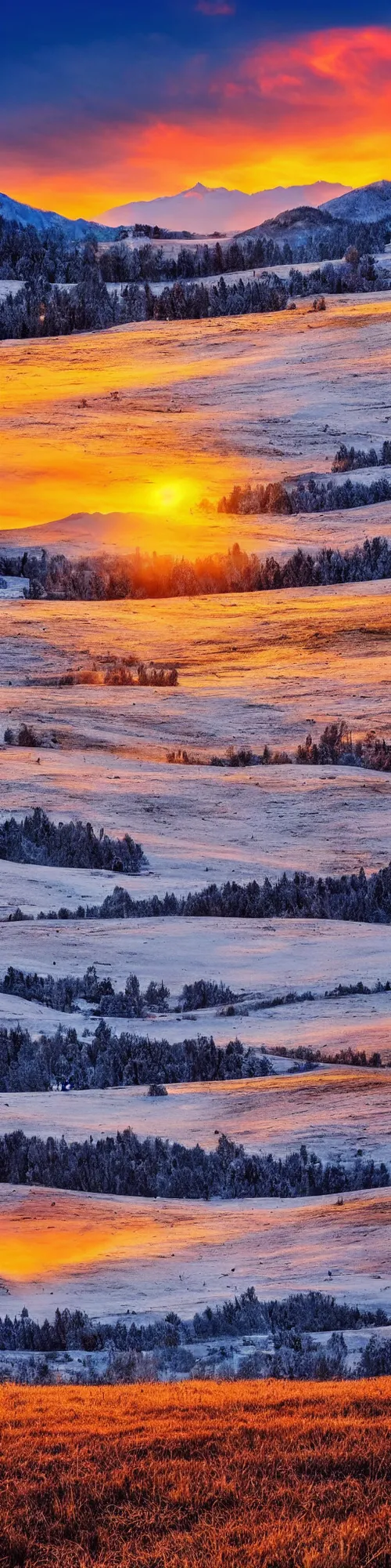 Prompt: beautiful landscape with snow mountains on the background, grass field in the foreground, sunset, warm colors, peaceful, mist