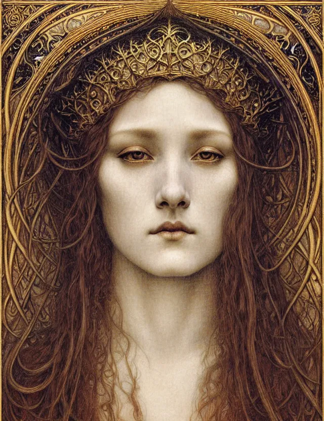 Image similar to detailed realistic beautiful young medieval queen face portrait by jean delville, gustave dore and marco mazzoni, art nouveau, symbolist, visionary, gothic, pre - raphaelite. horizontal symmetry