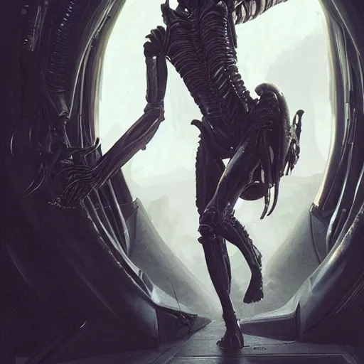 Image similar to Emma Watson as a Xenomorph in Alien Isolation, intricate, highly detailed, digital painting, artstation, concept art, sharp focus, illustration, art by greg rutkowski and alphonse mucha