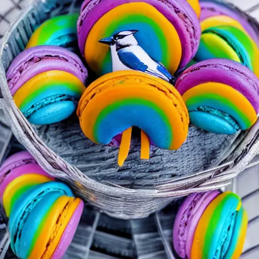 Image similar to A photograph of a (photorealistic blue jay) standing on a large basket of rainbow macarons.