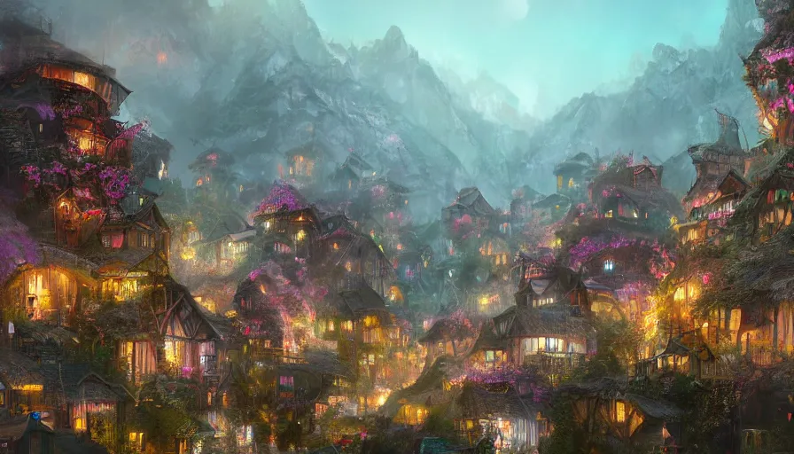 Image similar to village built in flowery mountains, glow lights at night, hyperdetailed, artstation, cgsociety, 8 k