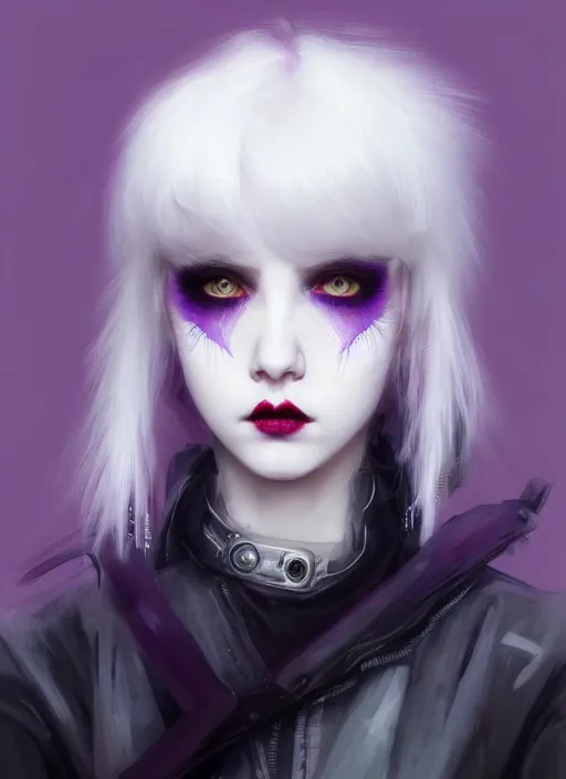 Image similar to portrait of white teenage girl, normal face, white bangs, mall goth, cyberlox, black and white hair, bangs, fluffy bangs, red contact lenses, purple lipstick, intricate, elegant, highly detailed, digital painting, artstation, concept art, sharp focus, smooth, illustration, art by wlop, mars ravelo and greg rutkowski