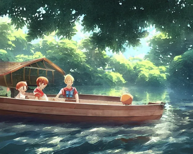 Image similar to a boy and girl sitting together in a wooden boat. Girl has long flowing auburn hair, boy has short hair. Boat is in narrow stream, trees, shady, ripples around boat. By Makoto Shinkai, Stanley Artgerm Lau, WLOP, Rossdraws, James Jean, Andrei Riabovitchev, Marc Simonetti, krenz cushart, Sakimichan, trending on ArtStation, digital art.