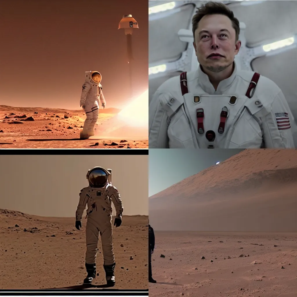 Image similar to Elon Musk as the first man to walk on Mars, dramatical lights, epic scene