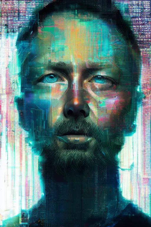 Image similar to A portrait of Thom Yorke as a cyberpunk, iridescent highlights, background of digital greebles, highly detailed, intricate, soft, sci-fi, sharp focus, glowing lines, art by Ruan Jia