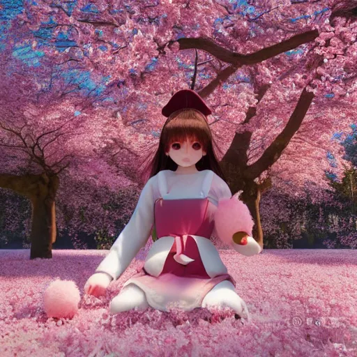 Prompt: cute fumo plush of a girl in the middle of a cherry blossom bloom, sakura, particle simulation, global illumination, vray