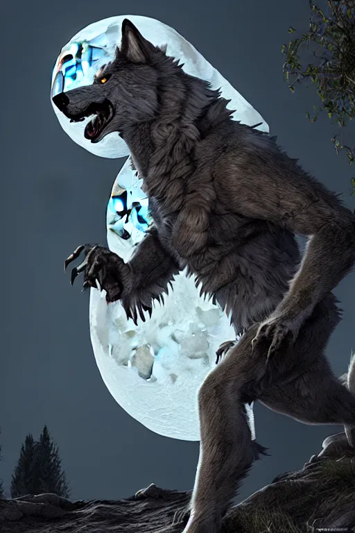 Prompt: werewolf from van helsing unreal engine hyperreallistic render 8k character concept art moon forest