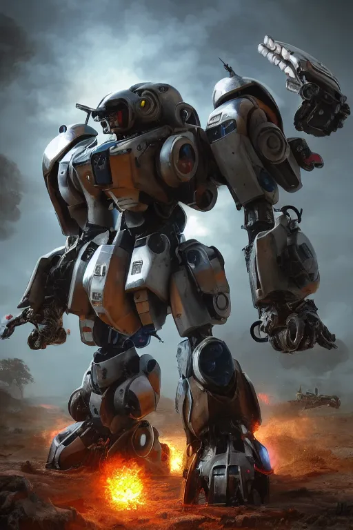 Image similar to mechwarrior 5 : mercenaries mech megaman transformer robot boss tank engine game octane render, 4 k, hd 2 0 2 2 3 d cgi rtx hdr style chrome reflexion glow fanart, global illumination ray tracing hdr fanart arstation by ian pesty by jesper ejsing pixar and disney unreal zbrush central hardmesh