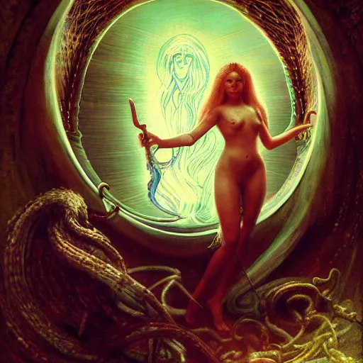 Image similar to birth of mami wata, sumerian goddess inanna ishtar, ashteroth, techno mystic goddess princess intergalactica, with aqua neon rapunzel dreadlocks, mami wata, detailed, by gaston bussiere, bayard wu, greg rutkowski, giger, maxim verehin, greg rutkowski, masterpiece, sharp focus,