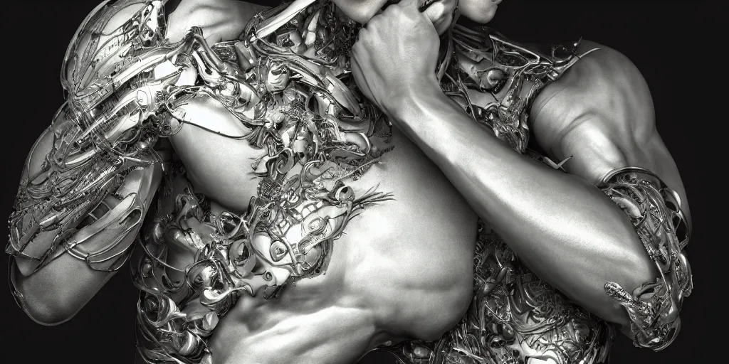 Prompt: hyper realistic photography of a stunningly beautiful cyborg male, elbow, thy, intimate, holding close, reflective chrome in the style of beth cavener, jin kagetsu,, and wlop, highly detailed, intricate filigree,, masterpiece, award winning, sharp focus, concept art, ringflash lighting, ambient lighting, octane render, 8 k, artstation