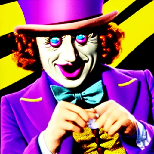 Image similar to uhd photorealistic willy wonka as an insane magician, wearing bizarre makeup, correct face, uhd hyperdetailed