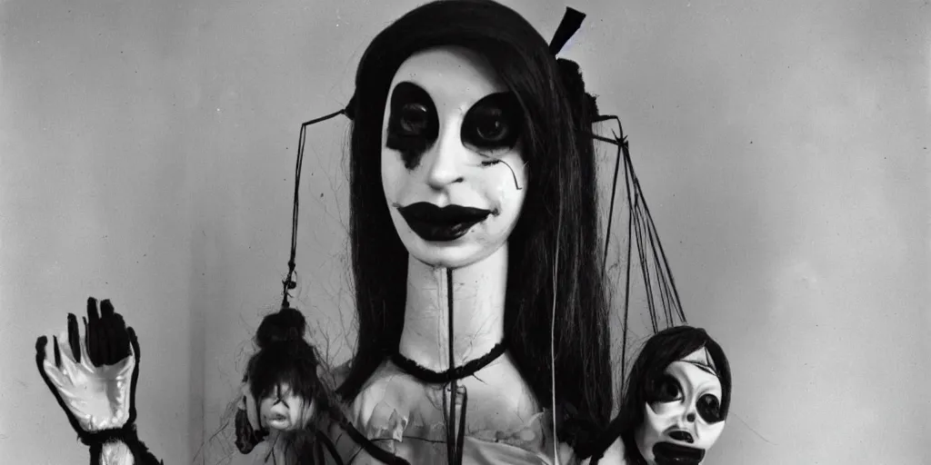 Image similar to 1 9 7 0 s female alive, eerie, creepy masked marionette puppet, lana del rey, unnerving, clockwork horror, pediophobia, lost photograph, dark, forgotten, final photo found before disaster, realistic, vintage noir, polaroid,