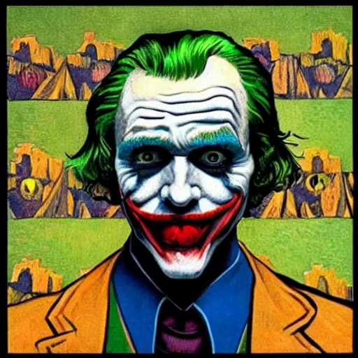 Image similar to portrait of the joker, mash - up between mc escher and vincent van gogh