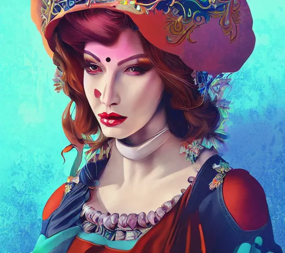 Prompt: beautiful female character inspired by venice carnival and pop art bounty hunter | | digital artwork made by greg rutswork, anna dittmann and lois van barlee, symmetrical rim light, anatomically correct