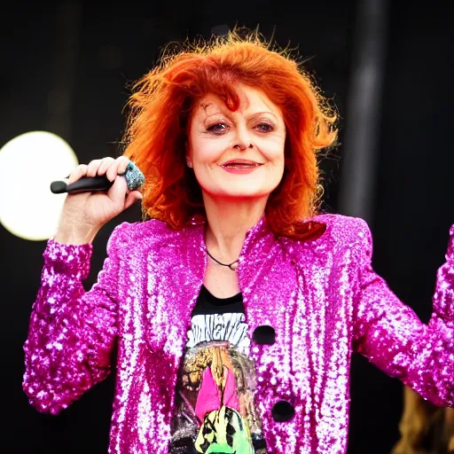 Prompt: susan sarandon with pink hair, wearing a vibrant pink sequin jacket, rapping on stage at a small outdoor concert