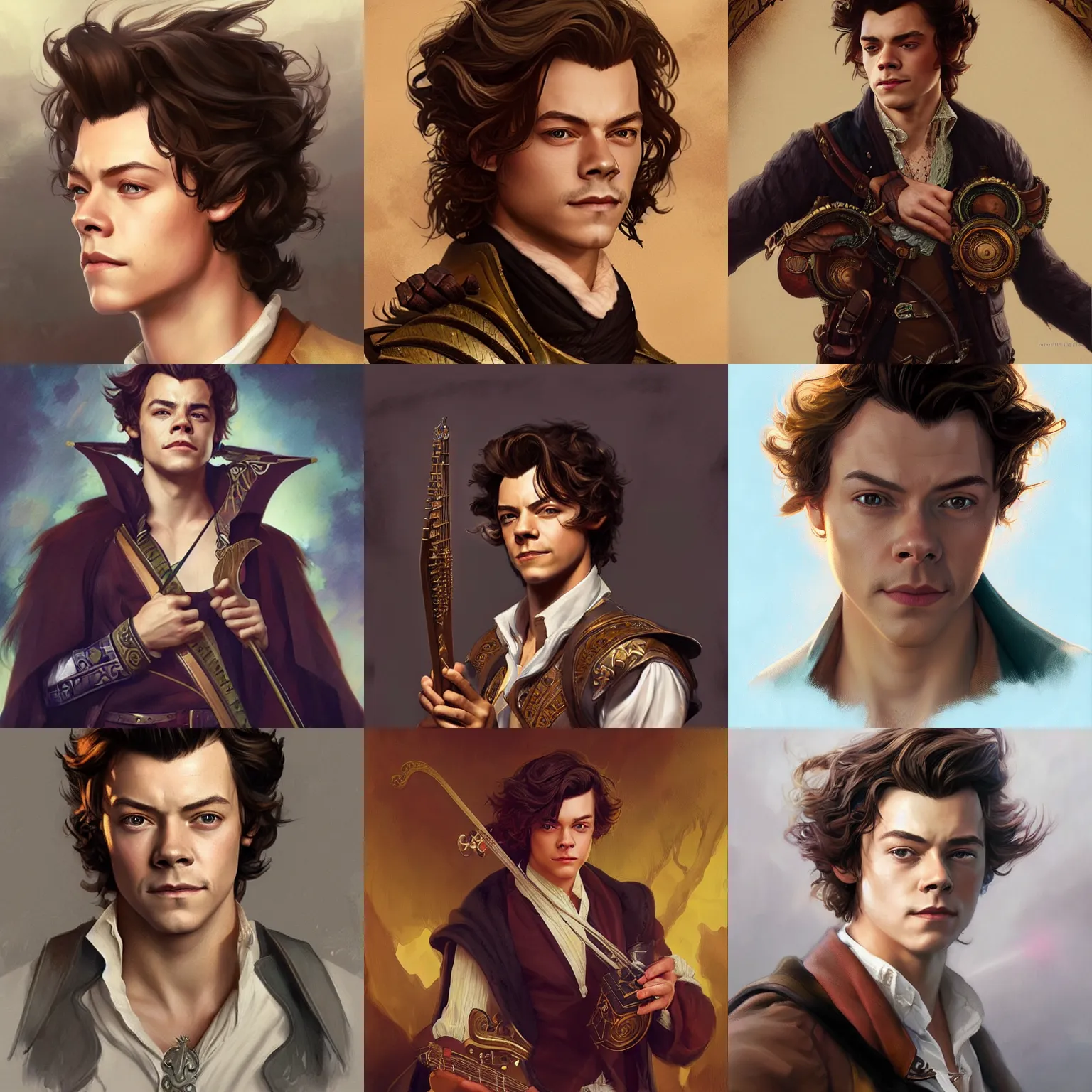 Prompt: smirking male bard, Harry Styles, portrait, D&D, fantasy, highly detailed, digital painting, artstation, concept art, sharp focus, illustration, art by artgerm and greg rutkowski and alphonse mucha