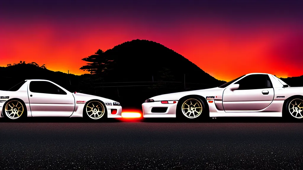 Image similar to a car drift spec mazda fc3s rx7 in middle of road, gunma prefecture, city sunset night, cinematic color, photorealistic, highly detailed