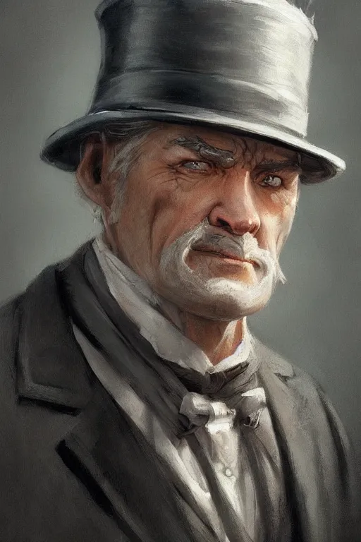 Prompt: a grey hair old halfling with no beard top hat and suit by Greg Rutkowski, painting, portrait, HD, high details, trending on artstation