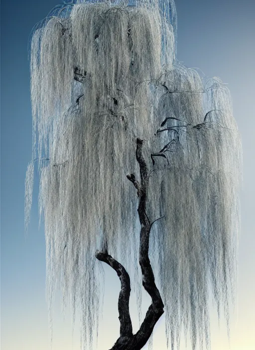 Image similar to nature photograph of a weeping willow with black bark and silver leaves sitting on a cliff in the style of stefan kostic, realistic, half body shot, sharp focus, 8 k high definition, insanely detailed, intricate, elegant, art by stanley lau and artgerm, luis royo, cloudy background