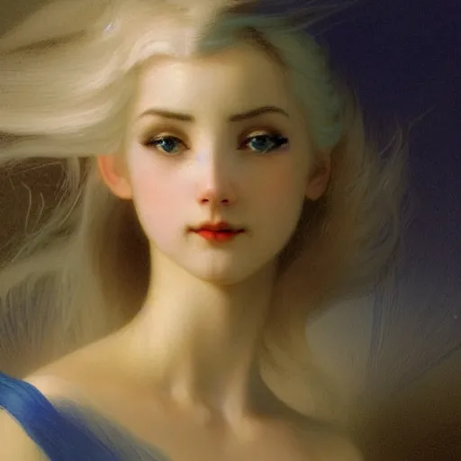 Image similar to a young woman's face, her hair is white and she wears an indigo blue satin cloak, by ivan aivazovsky and syd mead and moebius and gaston bussiere and roger dean and pieter claesz and paul delaroche and alma tadema and aelbert cuyp and willem kalf, hyperrealistic, volumetric light, octane render