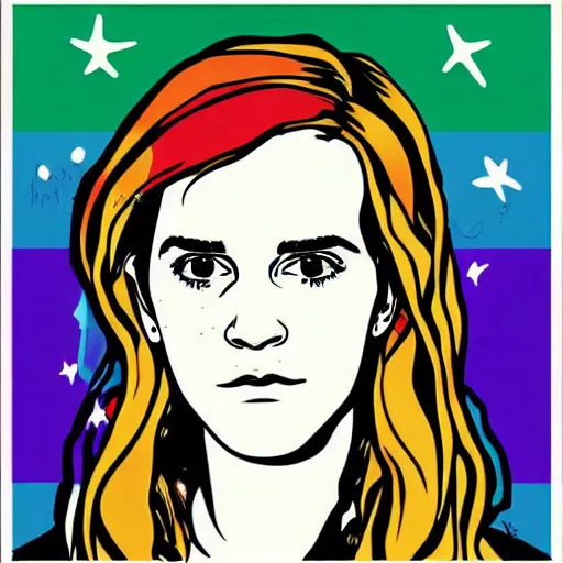 Image similar to rainbow emma watson as hermione. pop art.