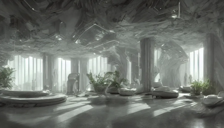 Prompt: a futuristic apartment interior in the style of a marble cave, luxury, plants, high ceiling, dark moody lighting, foggy atmosphere, 16mm lens, by craig mullins, octane rendering