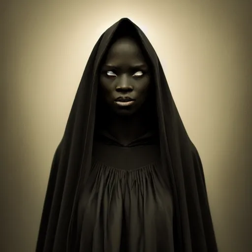 Image similar to a portrait of a young black woman wearing a long dark cloak, hood and shadows covering face, anatomically correct, beautiful perfect face, enigmatic, oil painting, matte painting, black background, Volumetric dynamic lighting, Highly Detailed, Cinematic Lighting, Unreal Engine, 8k, HD, by Beksinski