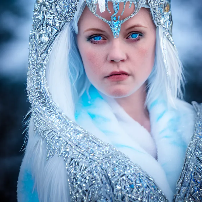 Prompt: professional photograph of a real - life ice queen with ornate robes. extremely detailed. dslr. 5 0 mm 8 k