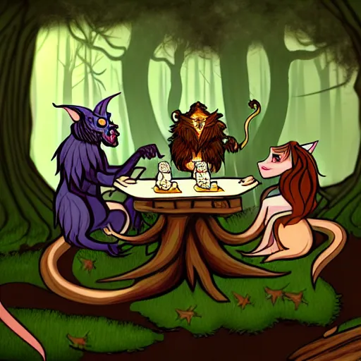 Image similar to fantasy illustration of a manticore at a tea party with a gnome wizard and and ogre knight of the realm. Setting is a forest. Table is a tree stump with a kettle on top