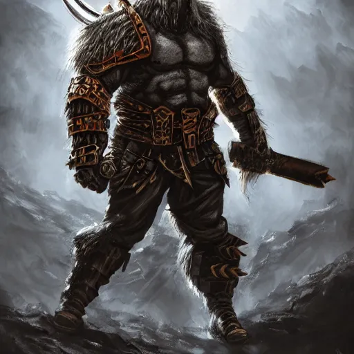 Image similar to A large half-demon barbarian wearing modern military gear, with horns on his head and shoulders, epic, realistic, 8k, detailed, fantasy, extremely detailed, masterpiece, art, dungeons and dragons, military, modern, soldier, gun, horns, demon horns, concept art, battlefield, barbarian