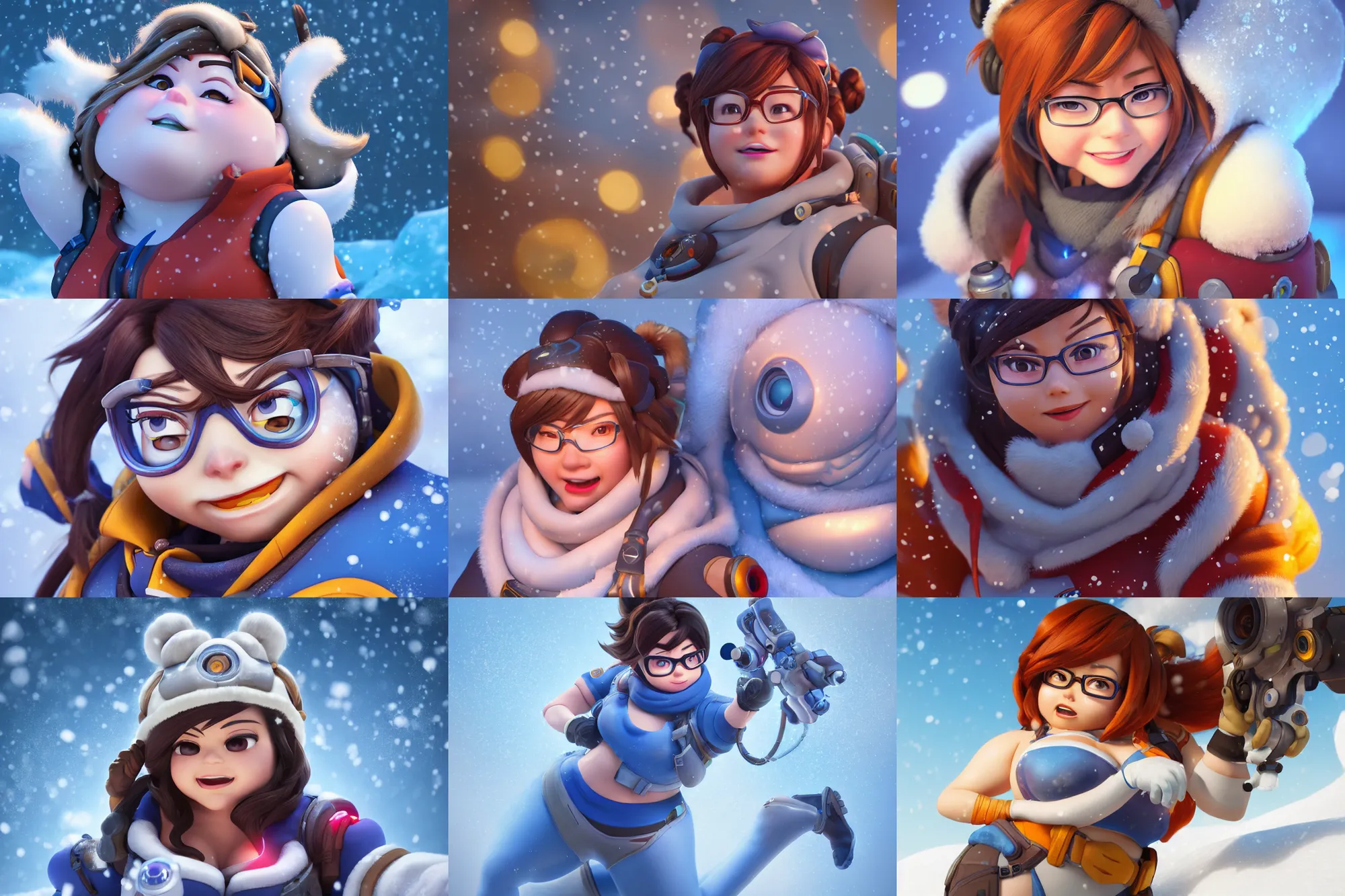 Prompt: hyperdetailed mei from overwatch as a disney pixar character, hd texture, beautiful 3D render, 8k, octane render, soft lighting, hyperrealistic, in the snow, sharp focus, golden hour, specularity, Mei-Ling Zhou